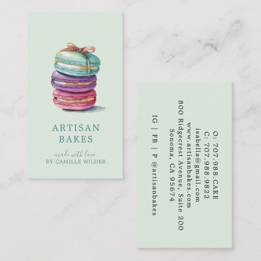Kleurrijke Waterverf Macaron Baker Pastry Chef Min Visitekaartje (Voorkant / Achterkant)