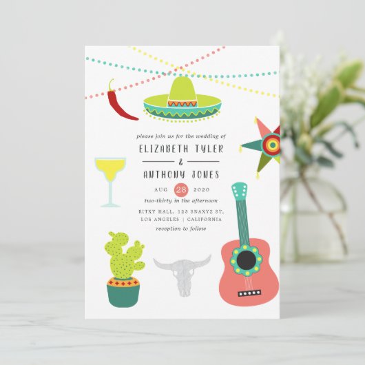 Kleurrijke Waterverf Mexican Fiesta Wedding Kaart (Staand voorkant)
