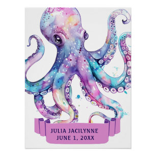 KLEURRIJKE WATERVERF OCTOPUS MET NAAM Verjaardag Perfect Poster
