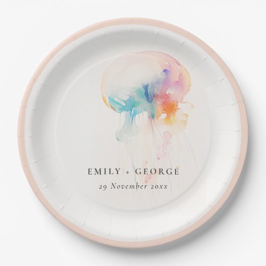 Kleurrijke Waterverf onderwater kwal bruiloft Papieren Bordje (Voorkant)