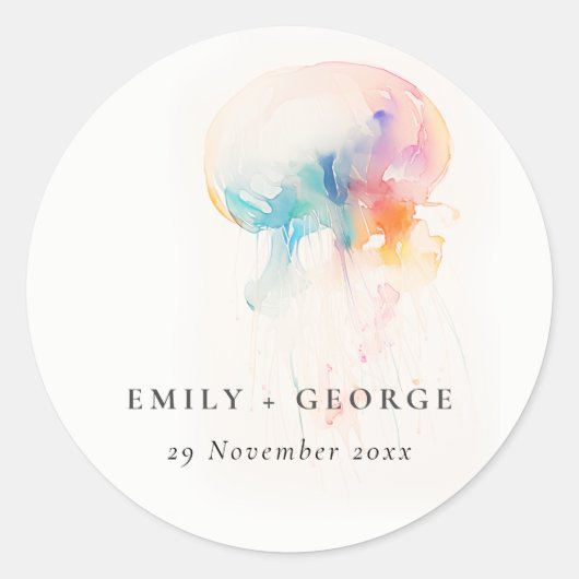 Kleurrijke Waterverf onderwater kwal bruiloft Ronde Sticker (Voorkant)