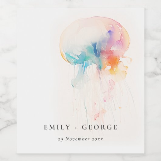 Kleurrijke Waterverf onderwater kwal bruiloft Wijn Etiket (Enkel label)