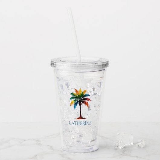 Kleurrijke Waterverf palmboom gepersonaliseerd Acryl Drinkbeker (Voorkant ijs)
