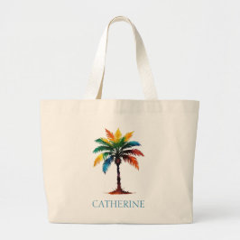Kleurrijke Waterverf palmboom gepersonaliseerd Grote Tote Bag