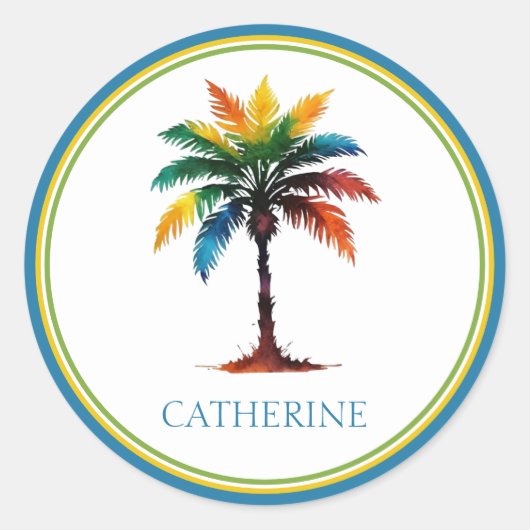 Kleurrijke Waterverf palmboom gepersonaliseerd Ronde Sticker (Voorkant)