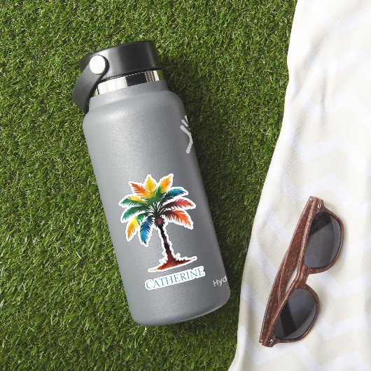 Kleurrijke Waterverf palmboom gepersonaliseerd Sticker (HydroFlask Insitu)
