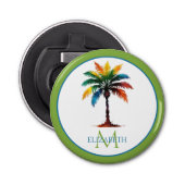 Kleurrijke Waterverf Palmboom Monogram Button Flesopener (Voorkant)