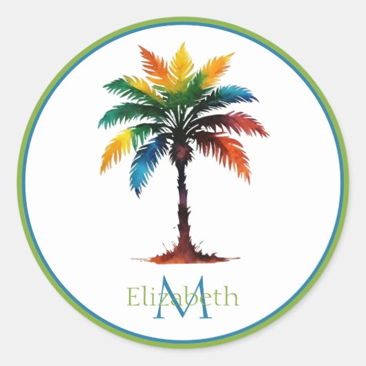 Kleurrijke Waterverf Palmboom Monogram Ronde Sticker (Voorkant)