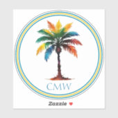 Kleurrijke Waterverf Palmboom Monogram Sticker (Vel)