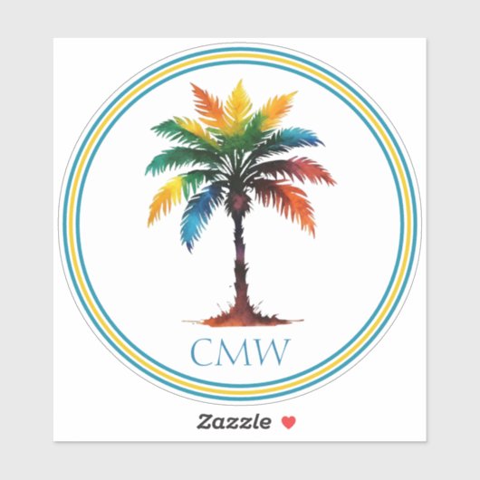 Kleurrijke Waterverf Palmboom Monogram Sticker (Vel)