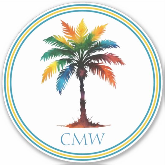Kleurrijke Waterverf Palmboom Monogram Sticker (Voorkant)
