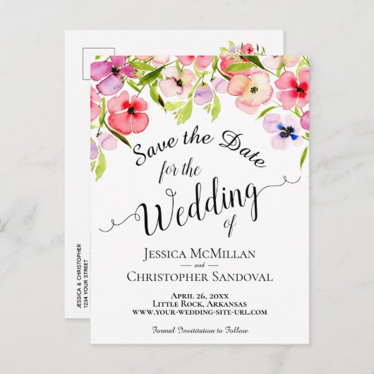 Kleurrijke Waterverf Pansies Bruiloft Save the Dat Aankondigingskaart (Voorkant / Achterkant)