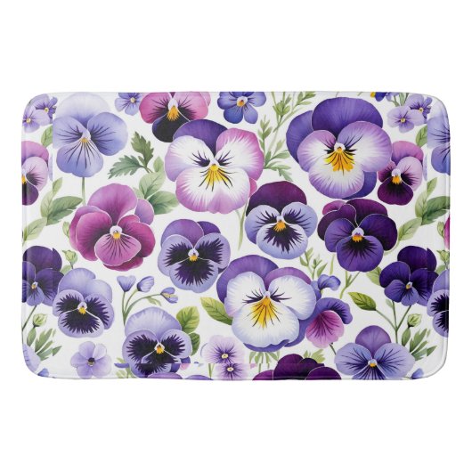 Kleurrijke Waterverf Pansy Flowers Witte Achtergro Badmat (Voorkant)