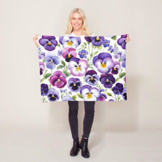 Kleurrijke Waterverf Pansy Flowers Witte Achtergro Fleece Deken