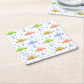 Kleurrijke Waterverf Paraplu's en Regendruppels He Kartonnen Onderzetters (Schuin)