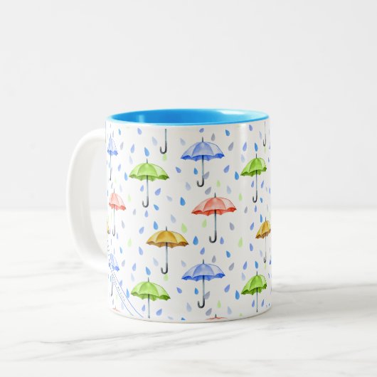 Kleurrijke Waterverf Paraplu's en Regendruppels He Tweekleurige Koffiemok (Voorkant links)