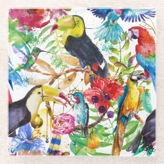 Kleurrijke Waterverf Parrots 2 Glazen Onderzetter (Voorkant)