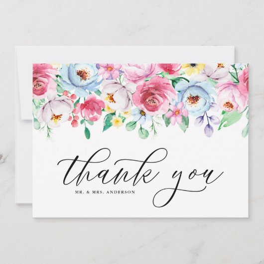 Kleurrijke Waterverf Pastel Flowers Garland Wedden Bedankkaart (Voorkant)