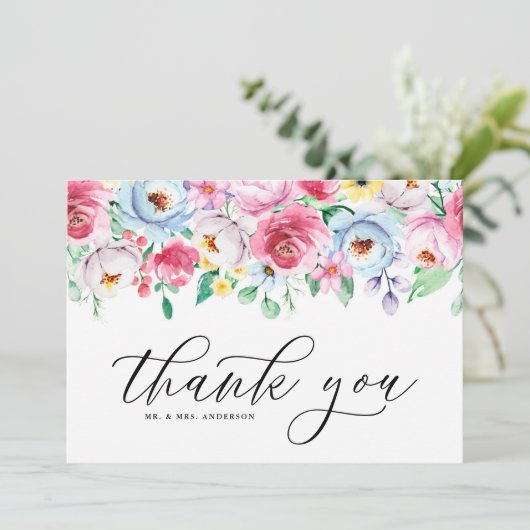 Kleurrijke Waterverf Pastel Flowers Garland Wedden Bedankkaart (Staand voorkant)