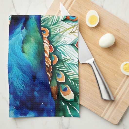 Kleurrijke Waterverf Pauw Keuken Handdoek (Quarter Fold)