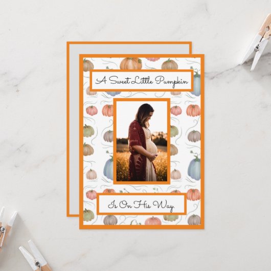 Kleurrijke Waterverf Pompoen Patch baby shower Kaart (Voorkant / Achterkant in situ)