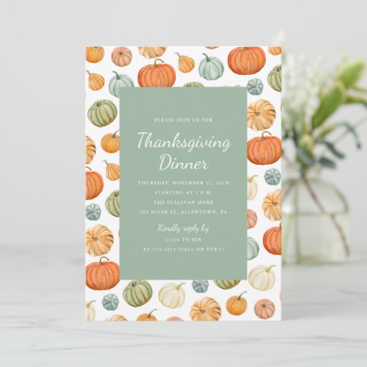 Kleurrijke Waterverf Pompoen Thanksgiving Diner Kaart (Staand voorkant)