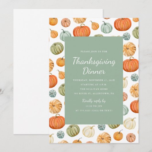 Kleurrijke Waterverf Pompoen Thanksgiving Diner Kaart (Voorkant / Achterkant)