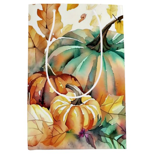 Kleurrijke waterverf pompoenen en bladeren medium cadeauzakje (Voorkant)