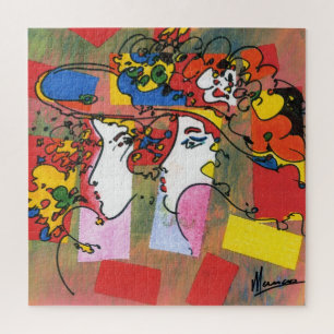 Kleurrijke waterverf-profielen met Floral-Petten Legpuzzel