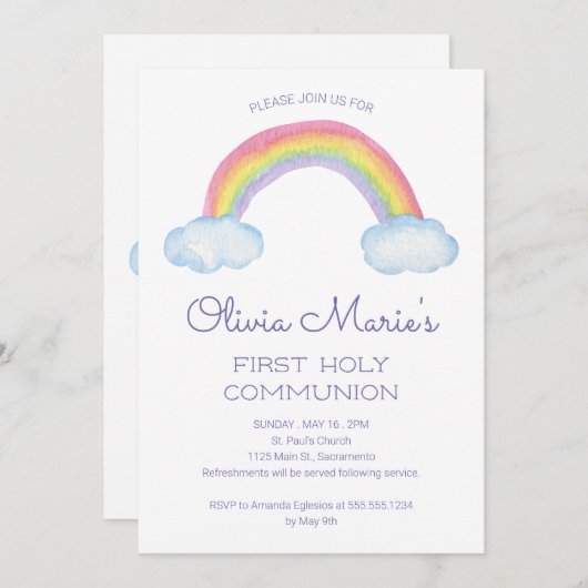 Kleurrijke Waterverf Rainbow First Heilige Communi Kaart (Voorkant / Achterkant)