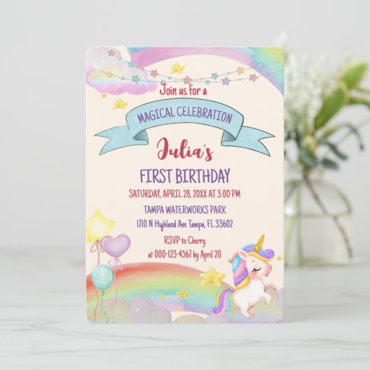 Kleurrijke Waterverf Regenboogaar Unicorn Girl Bir Kaart (Staand voorkant)