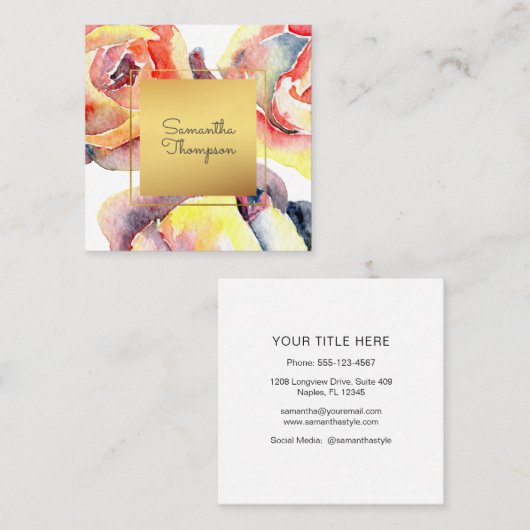Kleurrijke Waterverf Rozen en Gold Modern Vierkante Visitekaartje (Voorkant / Achterkant)