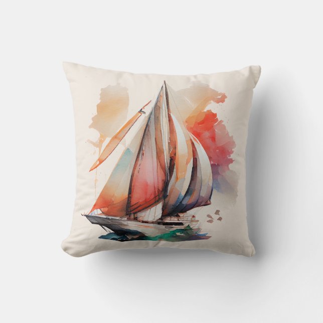 Kleurrijke Waterverf Sailboat Sierkussen (Voorkant)