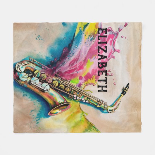 Kleurrijke Waterverf Saxofoon Splash Custom Fleece Deken (Voorkant (Horizontaal))