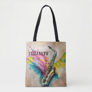 Kleurrijke Waterverf Saxofoon Splash Custom Tote Bag