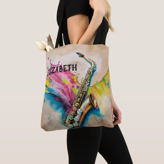 Kleurrijke Waterverf Saxofoon Splash Custom Tote Bag (Dichtbij)