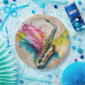 Kleurrijke Waterverf saxofoon splash Papieren Bordje (Feest)