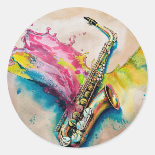 Kleurrijke Waterverf saxofoon splash Ronde Sticker