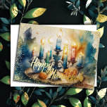 Kleurrijke Waterverf schilderij Chanoeka Menorah Folie Feestdagenkaart<br><div class="desc">Kleurrijke Waterverf schilderij Chanoeka Menorah</div>