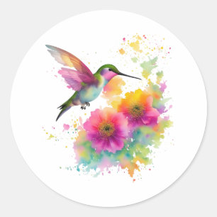 Kleurrijke waterverf schilderij van een kolibrie ronde sticker