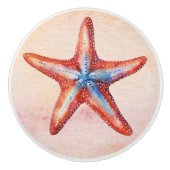 Kleurrijke waterverf schilderij zeester rood blauw keramische knop (Voorkant)