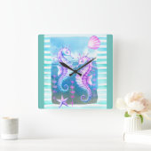 Kleurrijke Waterverf Seahorse and Shells Wall Cloc Vierkante Klok (Huis)