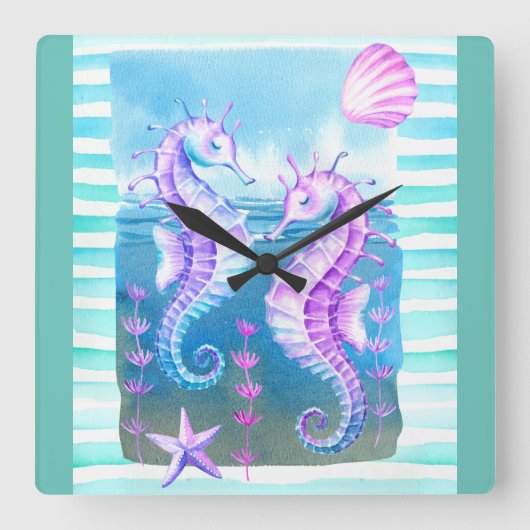Kleurrijke Waterverf Seahorse and Shells Wall Cloc Vierkante Klok (Voorkant)