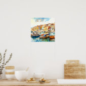 Kleurrijke Waterverf Sicilië Harbour Travel Poster (Keuken)