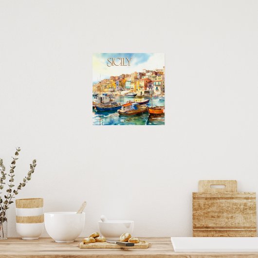Kleurrijke Waterverf Sicilië Harbour Travel Poster (Keuken)