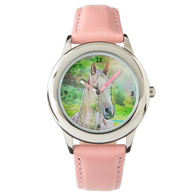 Kleurrijke Waterverf Stijl roze paard Horloge (Voorkant)