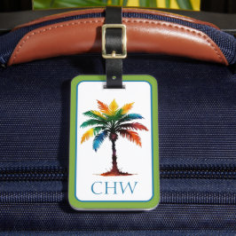 Kleurrijke Waterverf Tropical Palm Tree Monogram Bagagelabel