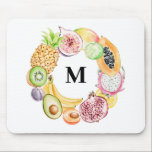 Kleurrijke Waterverf Tropisch fruit, borstmonogram Muismat<br><div class="desc">Tropisch fruitmonogram mousepad met waterverf abrikozen,  ananas,  mango,  papaja,  dragonfruit,  limoen,  kiwi,  pomegranaat,  vijgen,  banaan en avocado wreath. Personaliseer u door uw voorkeursinitiaal toe te voegen. Deze tropische fruitmousepad is perfect als gepersonaliseerd monogram cadeau.</div>
