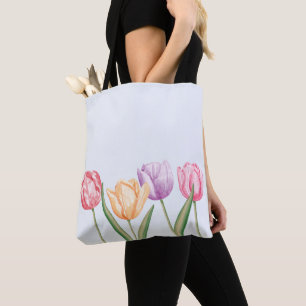 Kleurrijke Waterverf Tulp Bloemen Op Lichtblauw Tote Bag