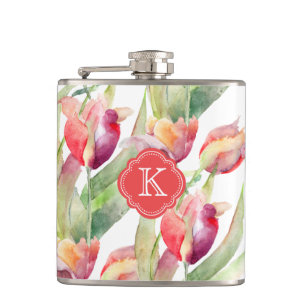 Kleurrijke Waterverf Tulpen met monogram Heupfles